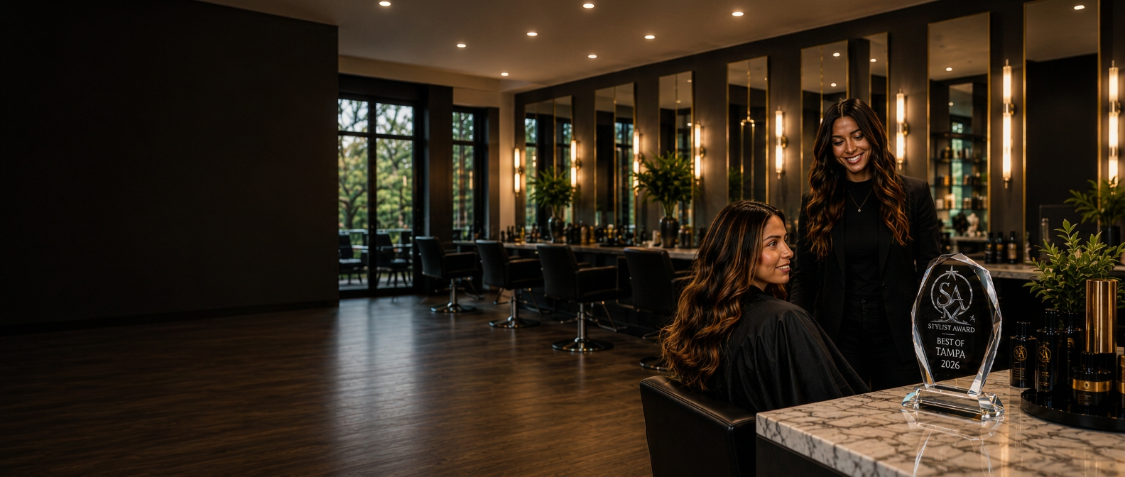 Award-winning stylist and client with the Stylist Award crystal trophy in a premium salon