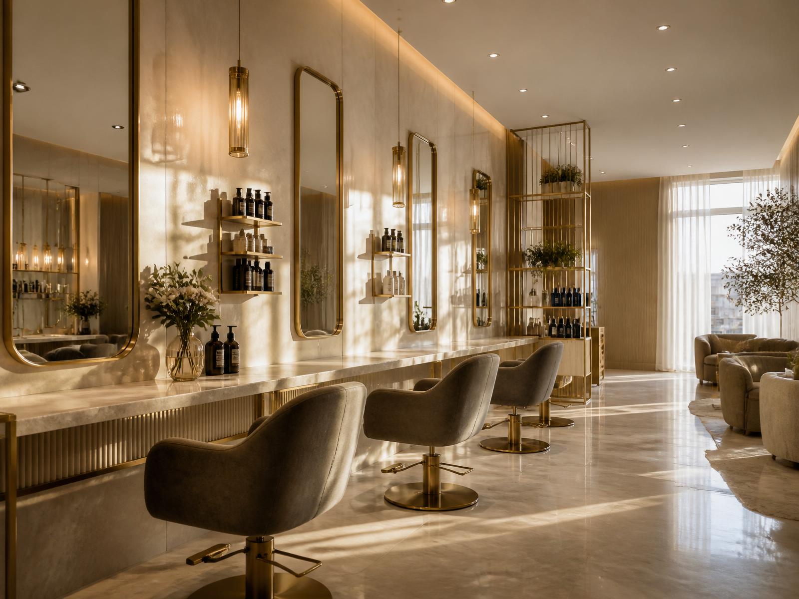 Interior of a luxury salon with brass fixtures, marble stations, and warm natural light