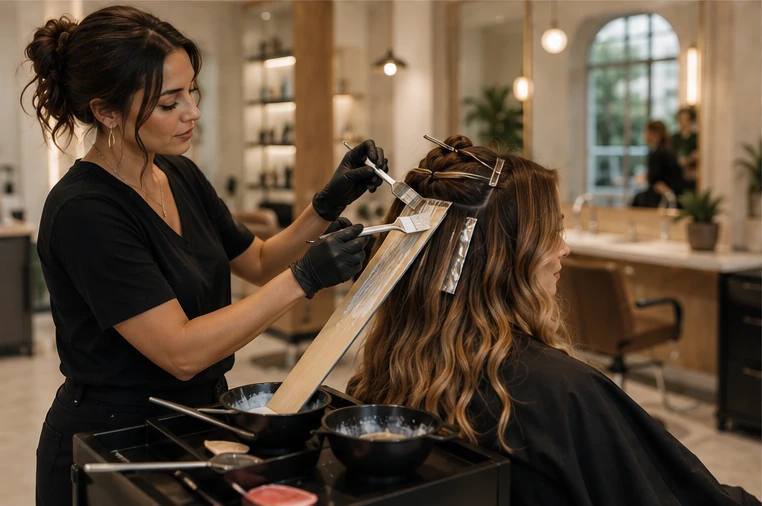 Professional hair colorist applying dimensional color with precise sectioning