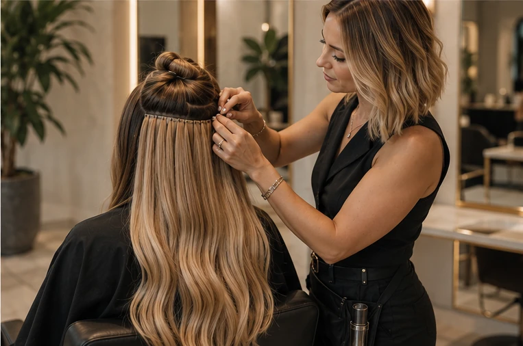 Professional extensionist installing premium hair extensions in a luxury salon
