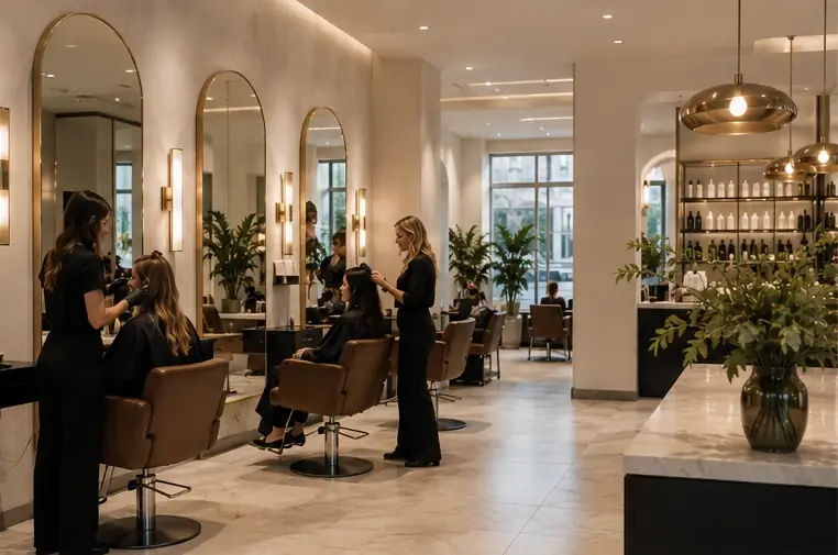 Upscale contemporary hair salon interior with premium styling stations