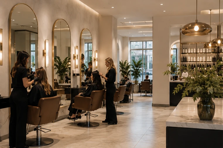 Upscale contemporary hair salon with premium styling stations and stylists working with clients