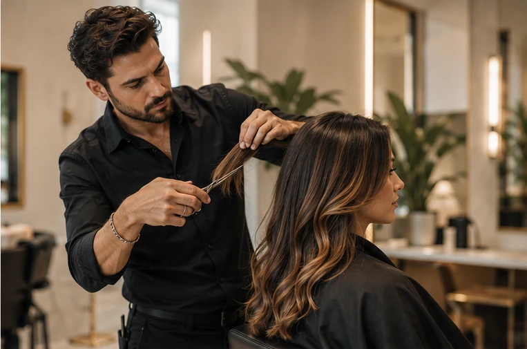 Professional male hairstylist working with a client in a luxury salon